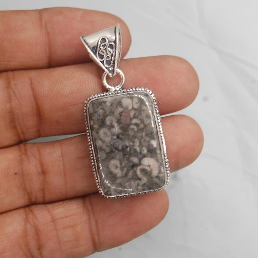 Cushion Cab Crinoid Marble Fossil 925 Sterling Silver Pendant Jewelry, Boho Style Designer Pendant
