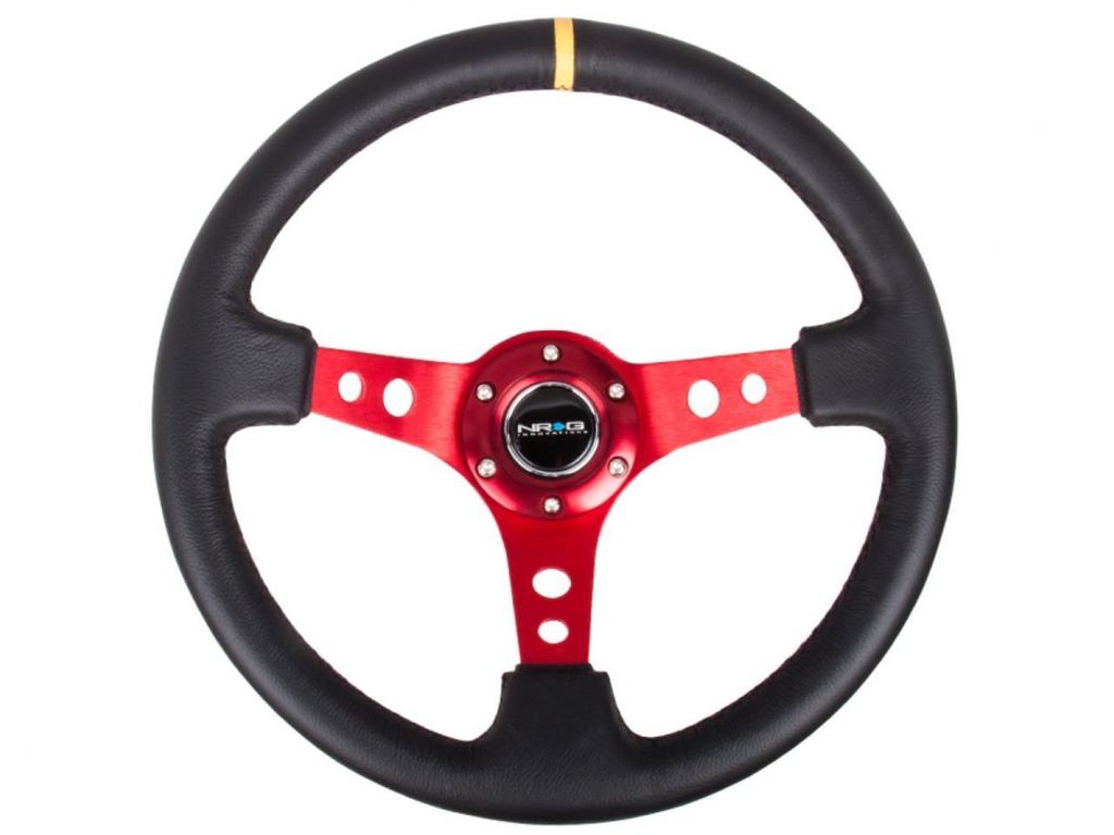 NRG Innovations Reinforced Steering Wheel 350mm Sport Steering Wheel Red Black Yellow Center Mark NRG-RST-006RD-Y - (3" Deep) - Round-Hole Spokes,