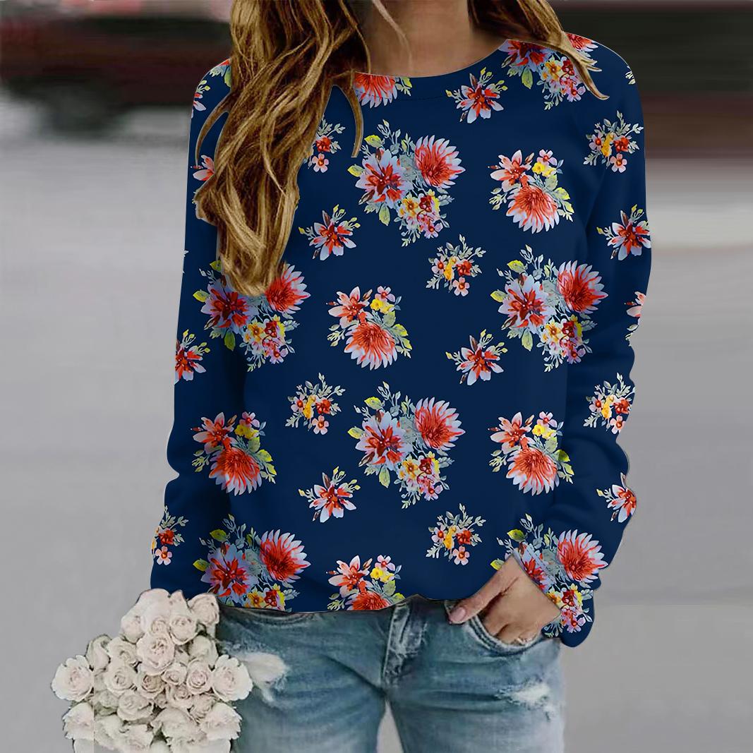 

Осенне-осенняя женская модная футболка с длинным рукавом и круглым вырезом, свободная одежда, розовая футболка с принтом хризантем для девочек, уличная 8XL красный