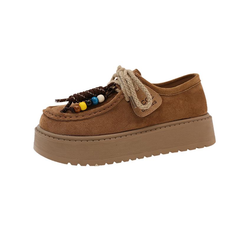 Ethnic style fashion single shoes women's 2025 autumn new matte lace-up literary retro thick-soled shallow mouth loafers women