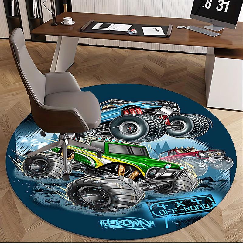 Monster Truck,Off-Road Adventure Chair Mat Round Rug-Office Carpet, Machine Washable, Non-slip, Suitable for Living Rooms, Bedrooms, Entrywa