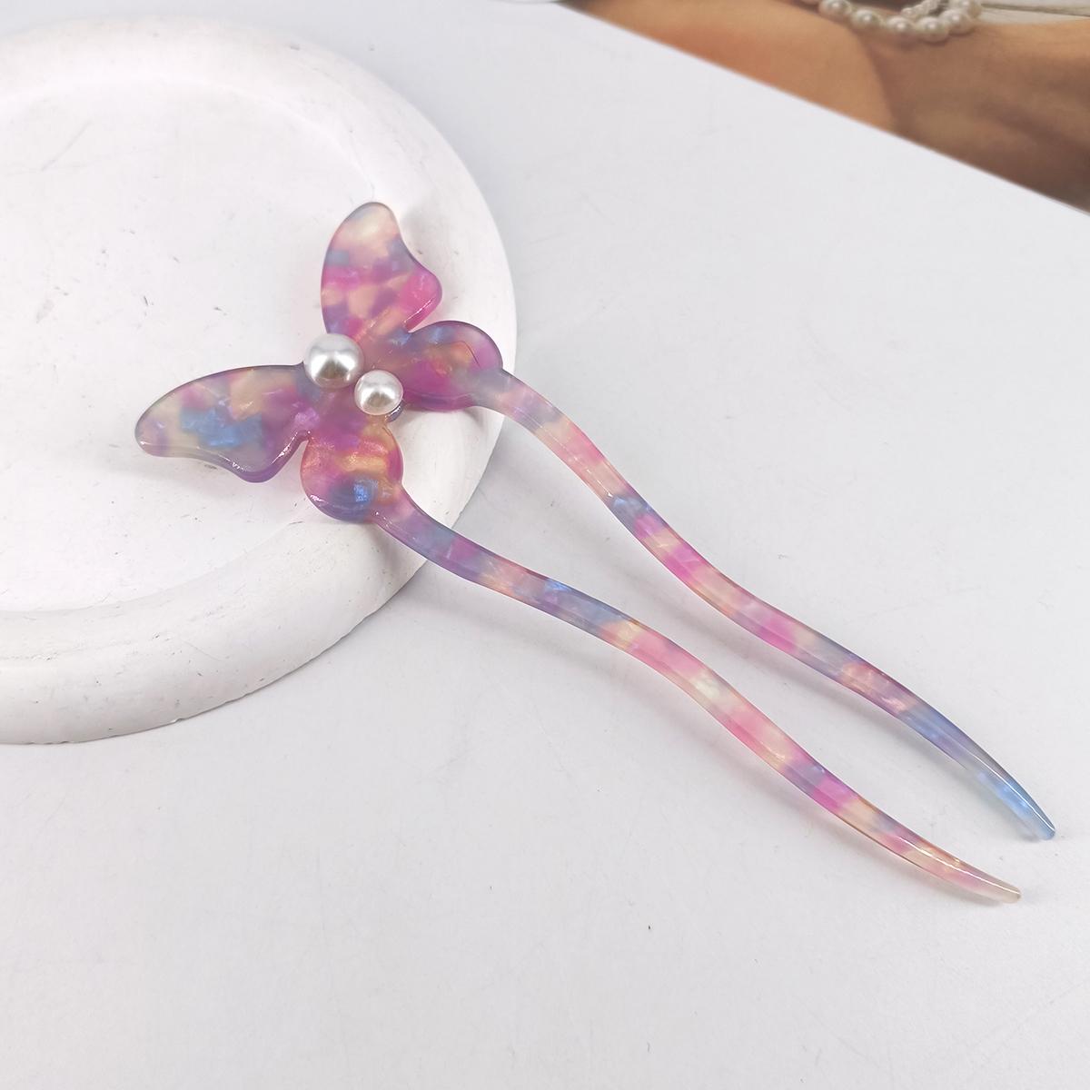 

New Style Butterfly Pearl Acetate Hairpin Hair Sticks for Women Girls Vintage Sweet U-shaped Hair Clasp Updo Headdress