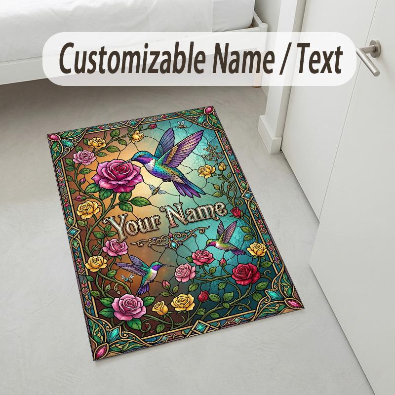 Hummingbirds Floral Theme Soft Crystal Velvet Rug Custom Name & Text Print Non Slip Floor Rug for Bedroom Living Room