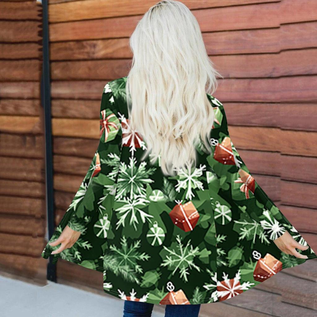 Women's Fashionable And Casual Christmas Printed Mid Length Cardigan Long Sleeved Jacket
