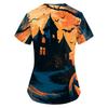 Women's Halloween Printed V-Neck Short Sleeve Scrub Top with Pockets