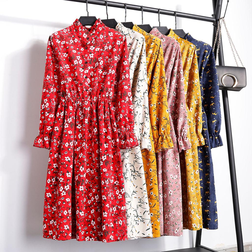 Vintage Collar Long Sleeve Corduroy Floral Dress Women's Party Ruffle Dress Bohemia Print Dress
