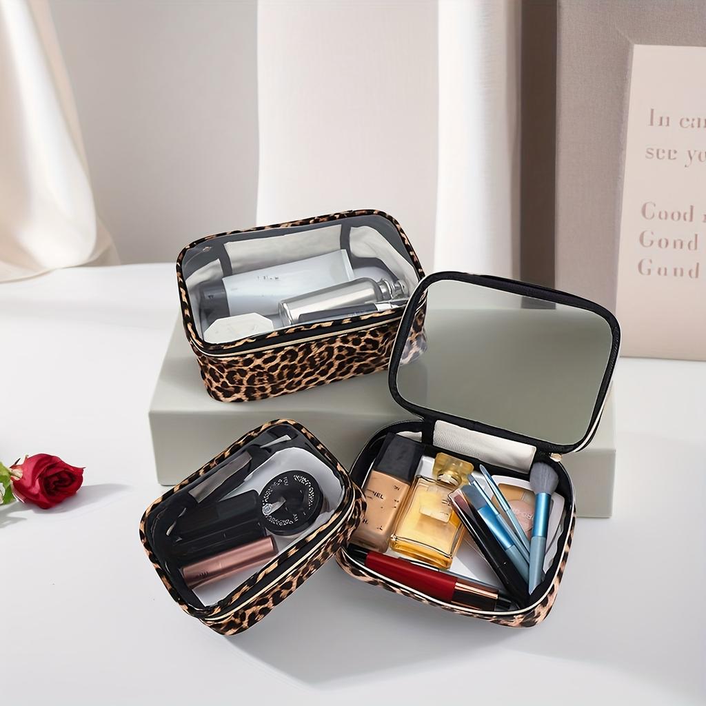 Multi-Compartment Leopard Print Toiletry Bag, Clear Top Design, Durable Travel Storage Pouch for Cosmetics & Electronics