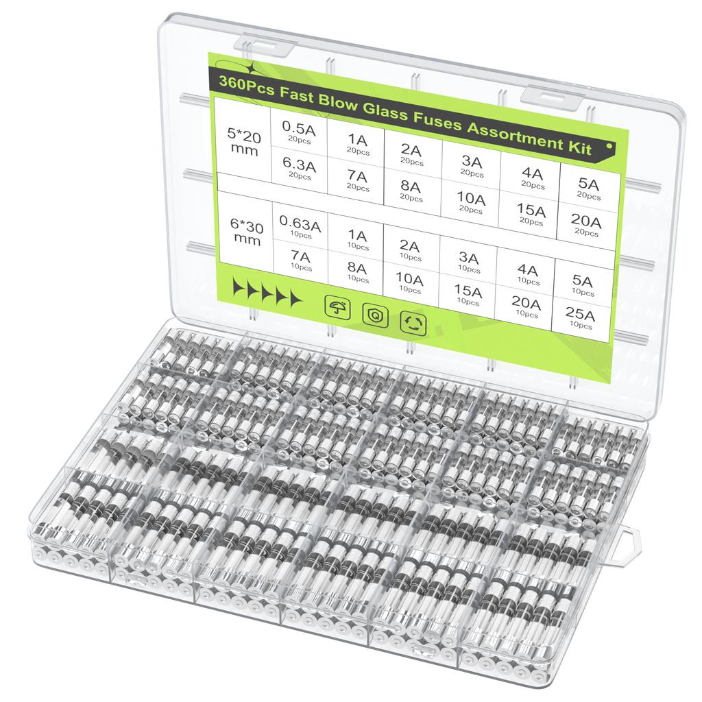 360 Stück Schnell durchbrennende Glas Sicherungen Sortiment-Kit 24 Werte Auto Sicherungen Sortiment-Kit 250V 0,5A-25A 5x20mm 6x30mm Glas Sicherungen