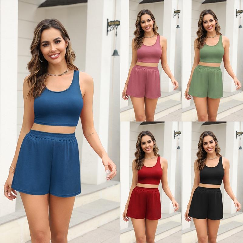 Women's Summer Thread Knitted Pit Strip Fashion Vest Shorts Two-piece Casual Suit