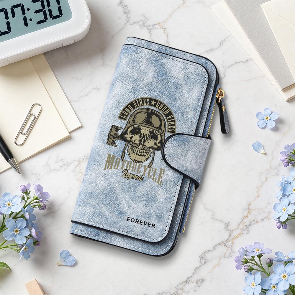 Skull Print Long Wallet Casual Card Holder Portable Multi Slot Purse Fashion Money Pocket