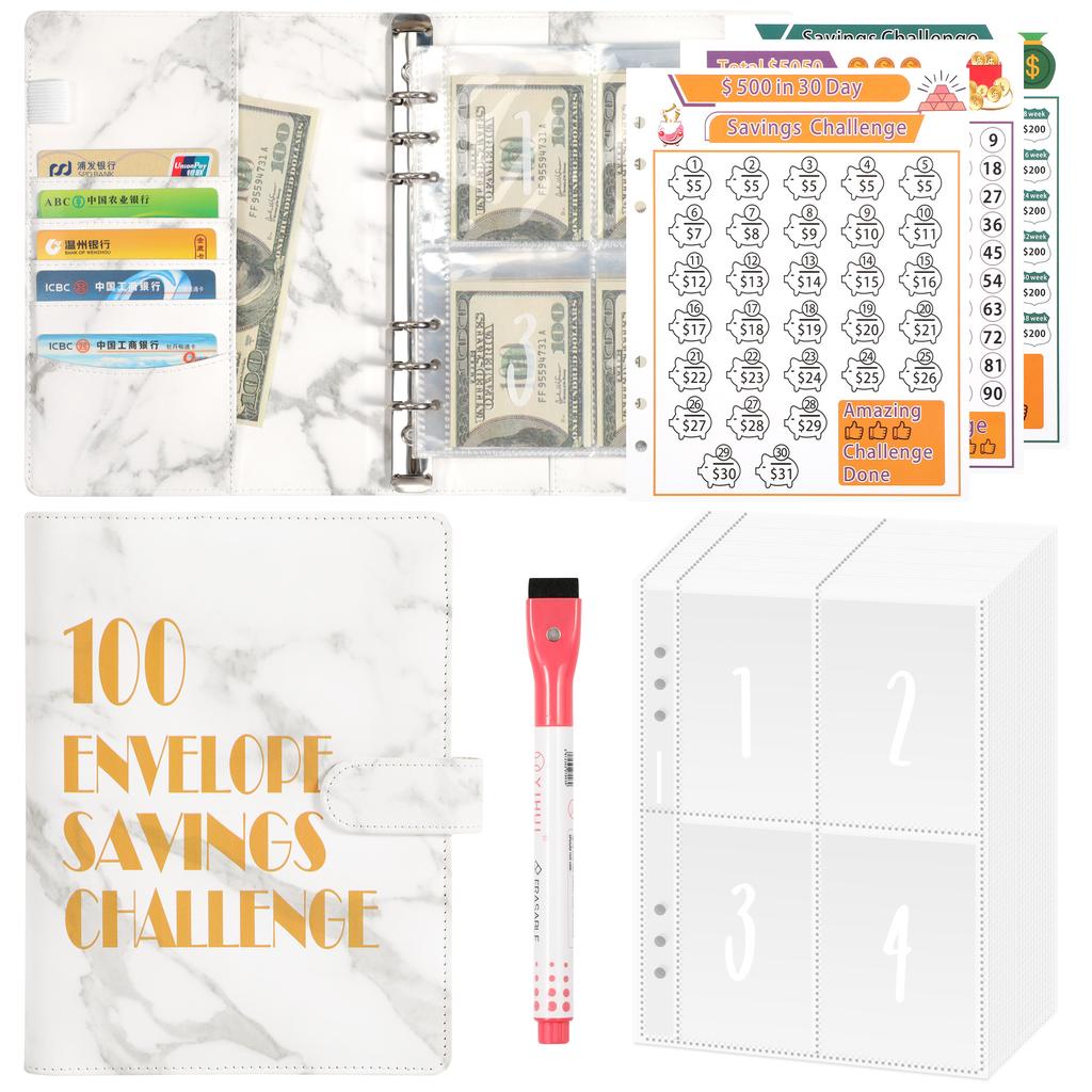 100 Envelope Money Savings Challenge Binder Set A5 PU Leather Students Notebook Marble Budget Binder with Cash Pockets