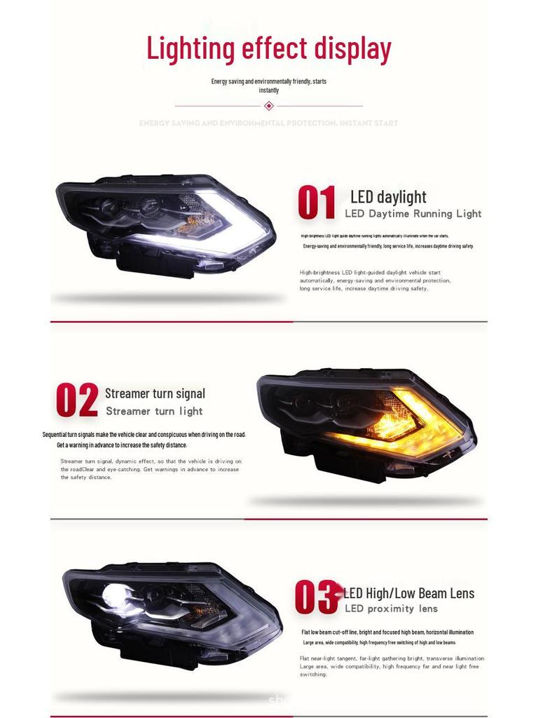 High-End LED Headlights with Bi-LED Projector & Flowing Turn Signal for 17-19 X-Trail 