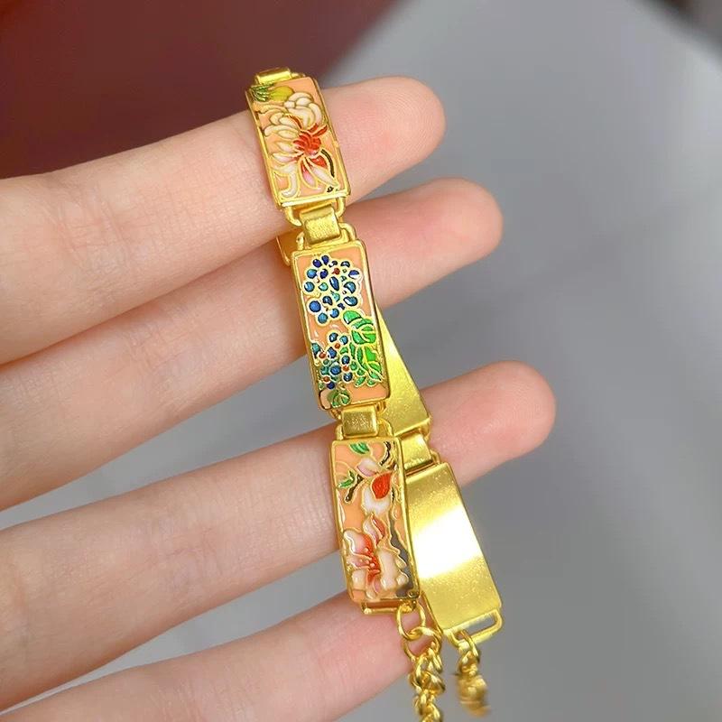 Real Gold Ancient Enameled Flower Bracelet Retro Temperament National Trend Women's Bracelet Hand Jewelry