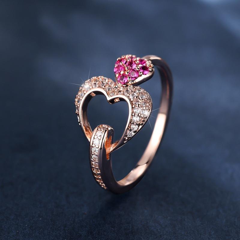 Popular jewelry, pink rose gold, heart-shaped diamond-encrusted couple love ring, female, direct sales. no. 6
