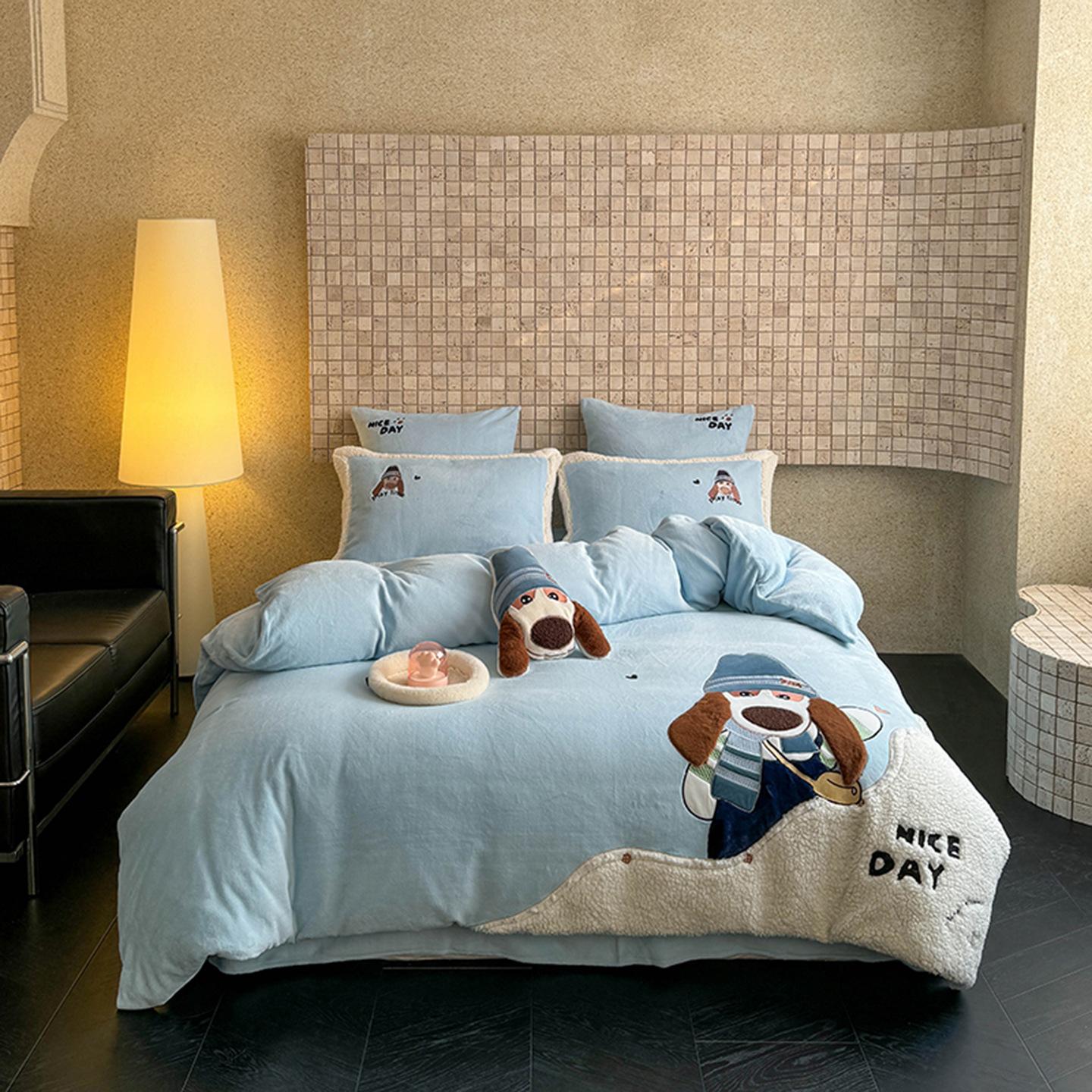 

Thickened Milk Fleece Embroidery Four-Piece Set - Bobby Bobby 1.2M Bed Sheet Three-Piece Set 1.2m sheet 3pc