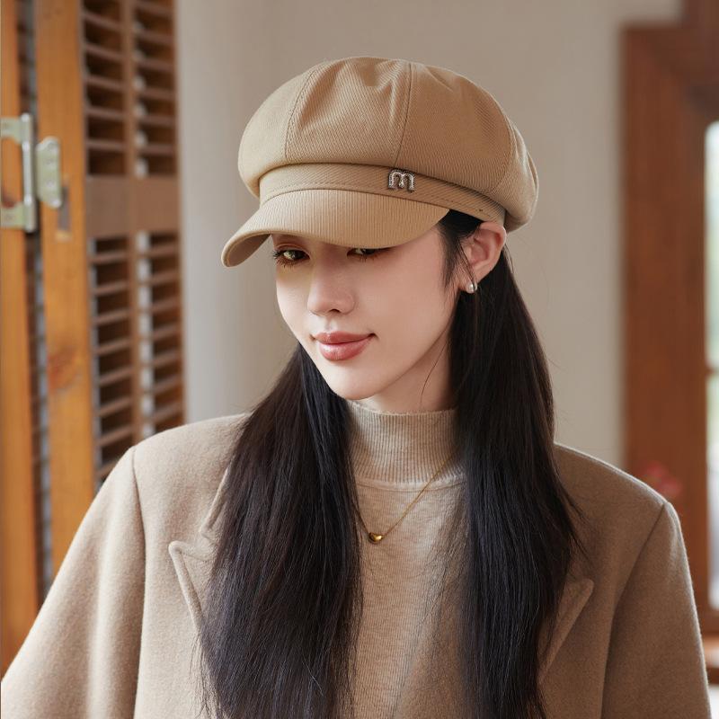 Autumn and Winter New Hat Women's Metal Letter M Standard Octagonal Hat Literary and Retro Face Newsboy Hat