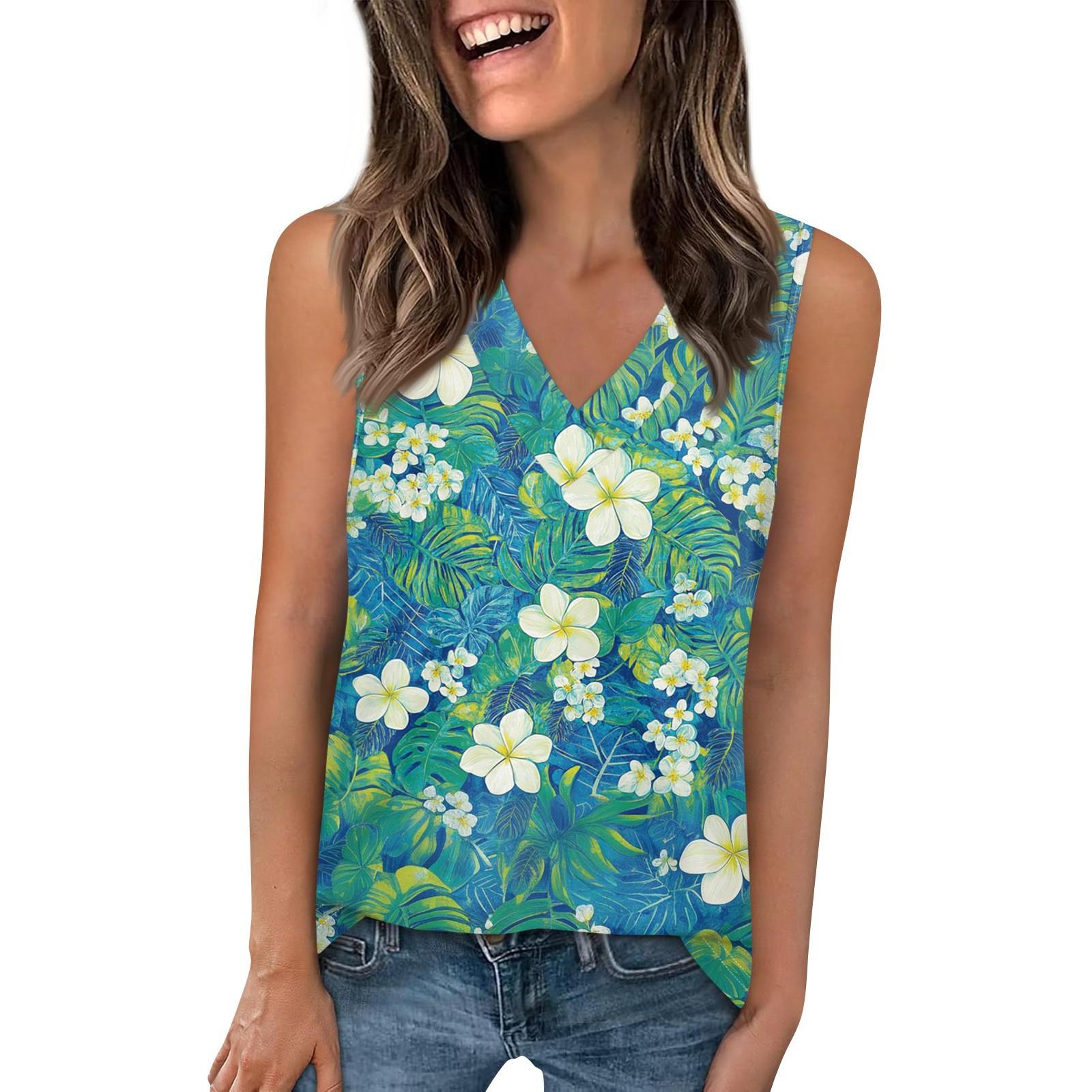 Women s Sleeveless V-Neck Floral Print Top Casual Summer Blouse for Beach, Vacation, and Everyday Wear XXXL