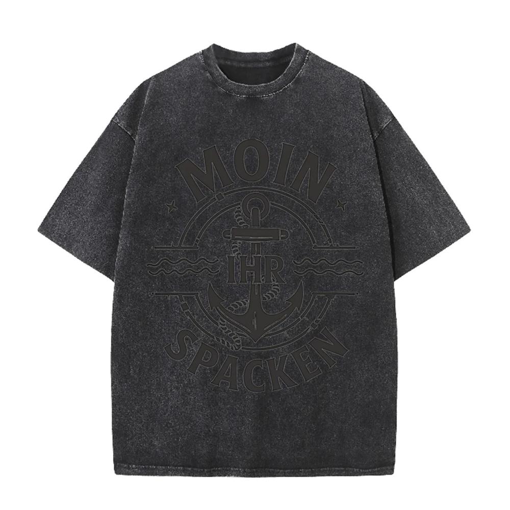 2026 Vintage Nautical Anchor Wave Badge Graphic Beige Washed T Shirt Moin Ihr Spacken German Slogan Casual Oversized Unisex Shor