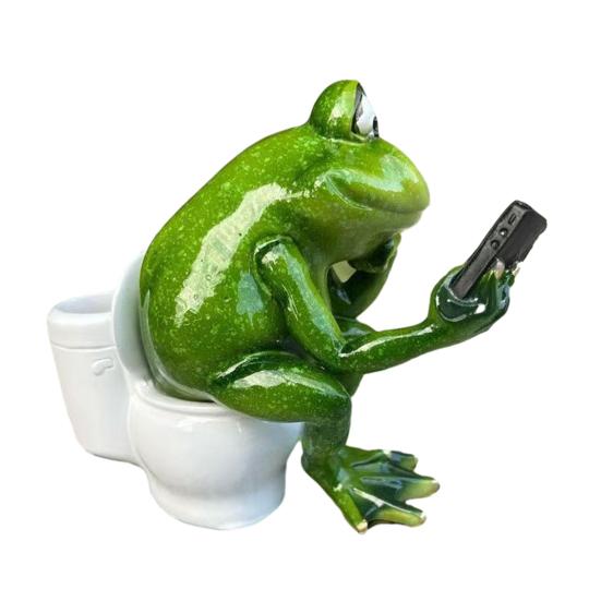 Funny Frog Sitting on Toilet Figurine 3D Resin Green Frog Texting Statue Collectible Animal Sculpture for Bathroom Home Office Tabletop Decor