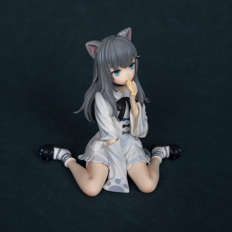 Nachoneko Seated Anime Cat Girl Figure Cute Cat Ear Gray Hair Eating Fish PVC Collectible Figure Desktop Ornament For Anime Fans