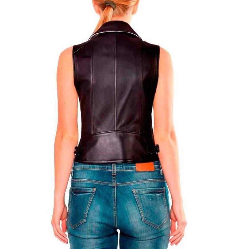 Waistcoat Lambskin Black & White Stylish Party Women Leather Vest Coat Zipper
