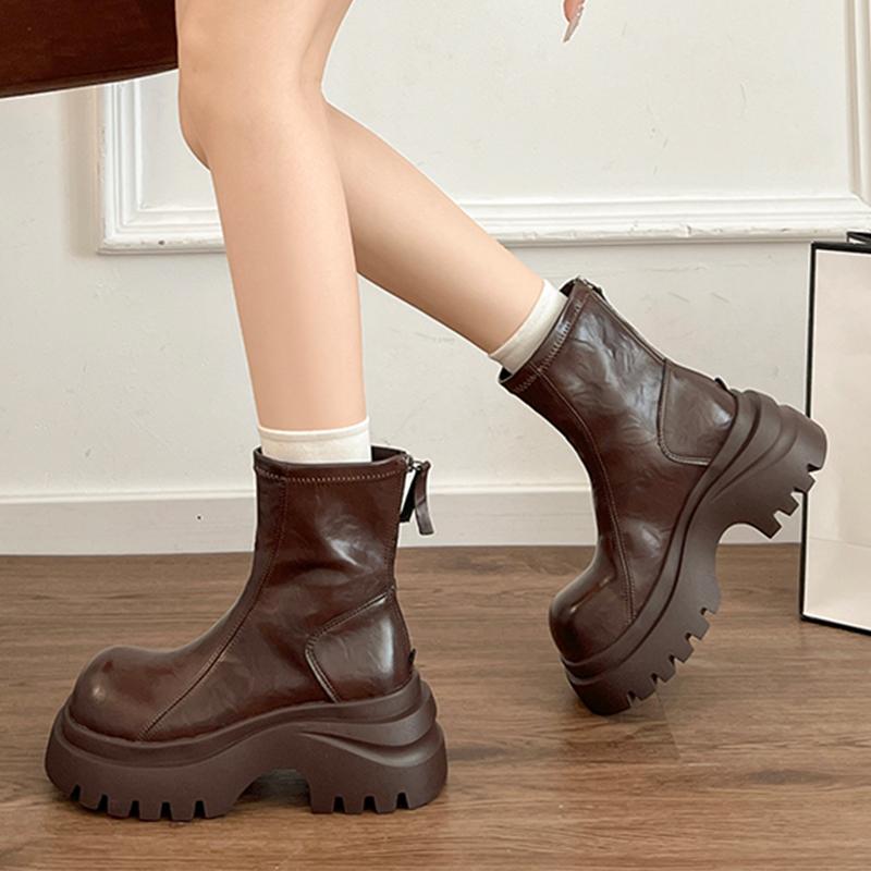 Mid Heels Women Ankle Platform Fashion Leather Winter Chelsea Boots New Trend Short Motorcycle Mujer Botas