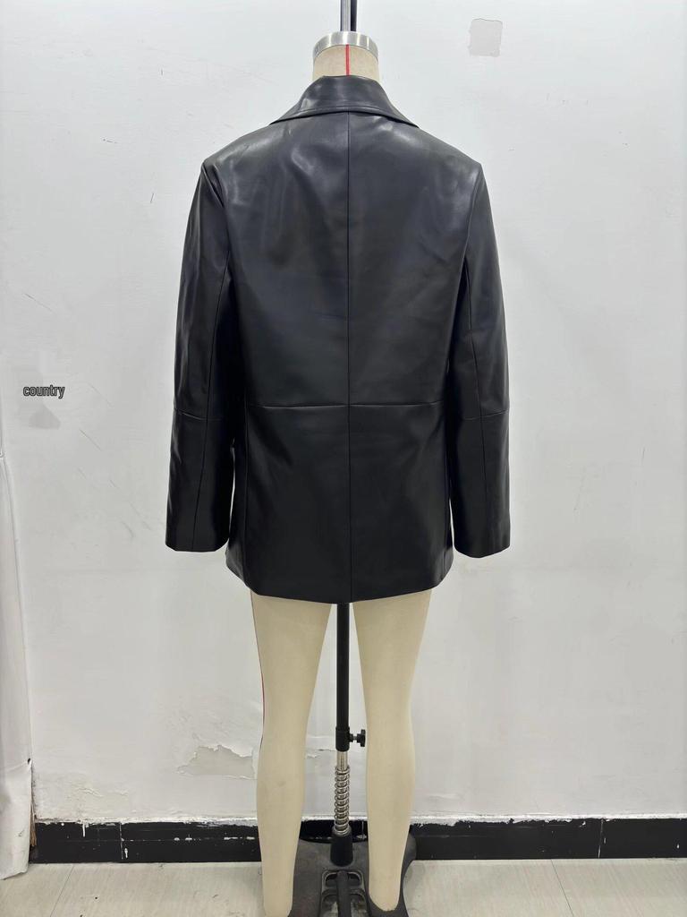 2025 Women's Casual Faux Leather Lapel Jacket - European & American Style