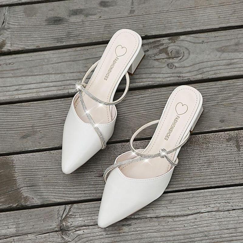 

WTEMPO тапочки с острым носком, женские летние уличные однотонные сандалии на среднем каблуке со стразами, мягкая кожа, толстый каблук, дышащие нескользящие высокие каблуки 40 бежевый