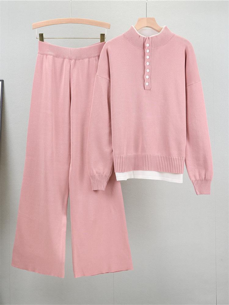 Female Autumn Loose Small Fragrant Style Fake Two-Piece Sweater Set Knitted Wide Leg Pants Two Piece Set