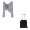 Sweet Cute Girly Style Irregular Long-sleeved T-shirt Halter Top Hot Girl Suit Female Autumn Two-piece Set Chic