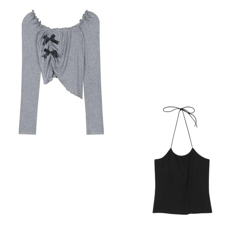 Sweet Cute Girly Style Irregular Long-sleeved T-shirt Halter Top Hot Girl Suit Female Autumn Two-piece Set Chic