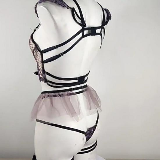 Europäisches & Amerikanisches Mesh Stickerei Dessous Set: Sexy dreiteilige Damenunterwäsche