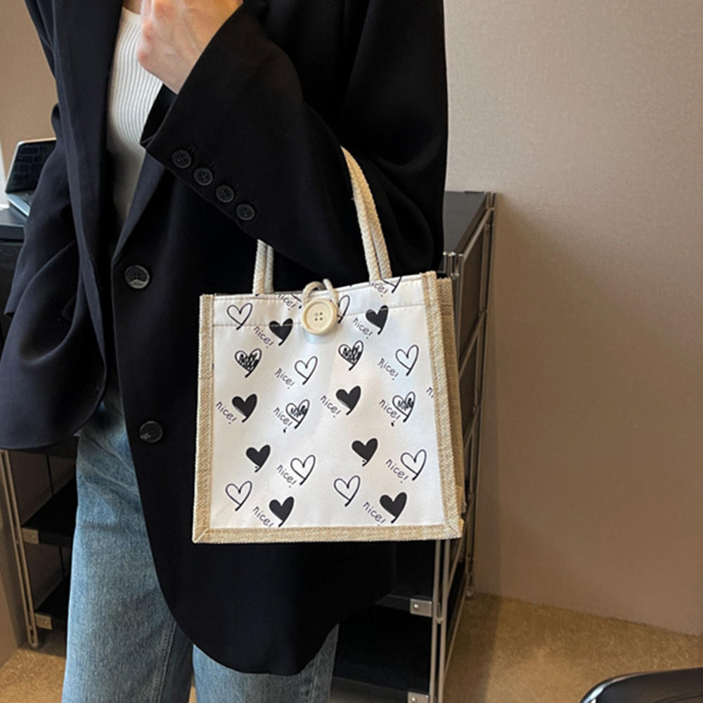 Bolsa de linho com zíper e botão Bolsa feminina Bolsa de compras de grande capacidade Bolsa de presente Organizador de praia Bolsa de compras portátil para almoço