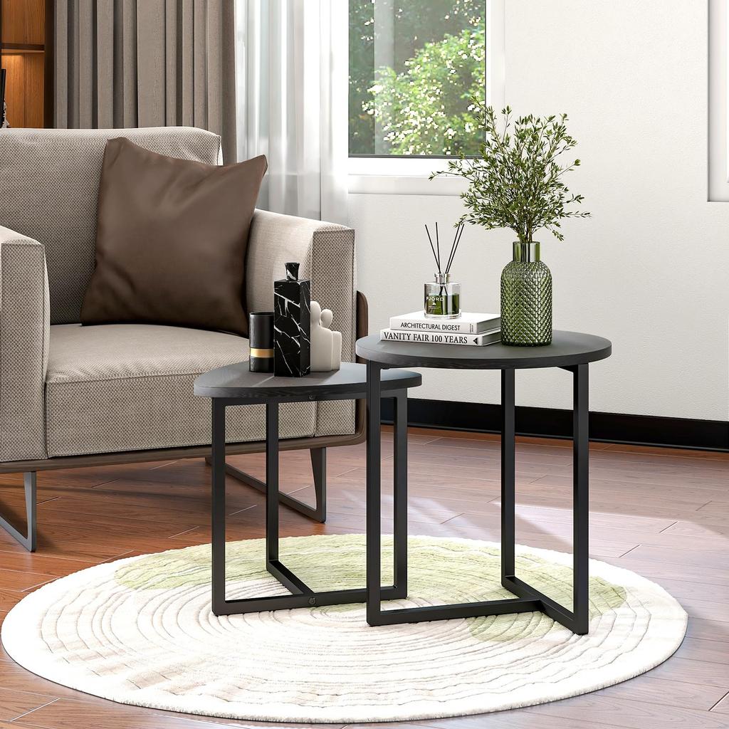 Kaffeetisch rund Set aus 2 Stück – Holztisch in Industrial Design für Wohnzimmer, Moderner Sofatisch