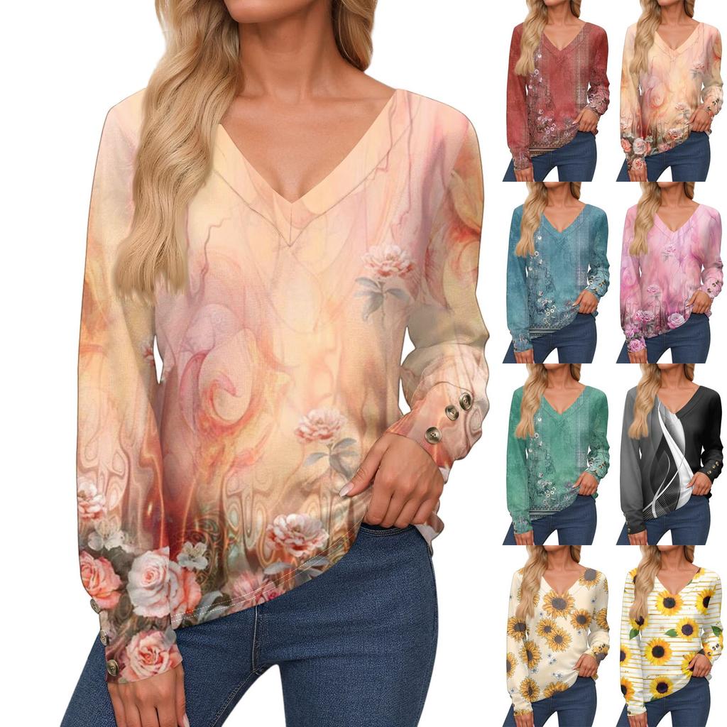 Women's Tops Long Sleeve Cuffs Button-Up Shirt V-Neck Casual Loose Tee Floral Tops