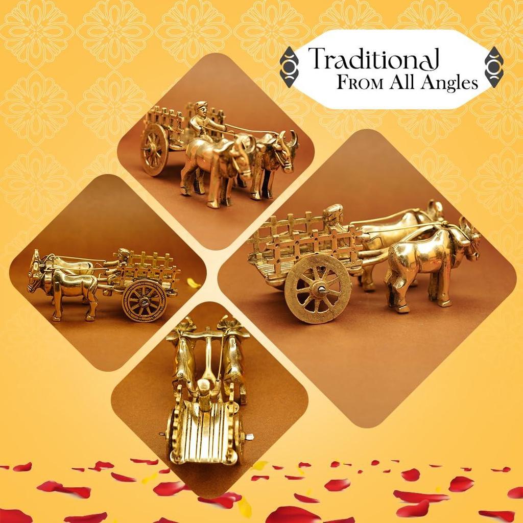 100% Pure Brass Bullock Cart Home Decor (Size: 12 Cm) | Bailgadi for Gift | Bail Gadi Brass Artifacts for Living Room
