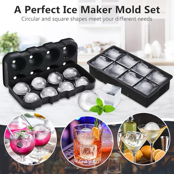 Set of 2 Silicone Ice Cube Tray Large Sphere & Square Ice Mold for Whiskey Cocktails BPA Free Reusable Stackable Easy Release