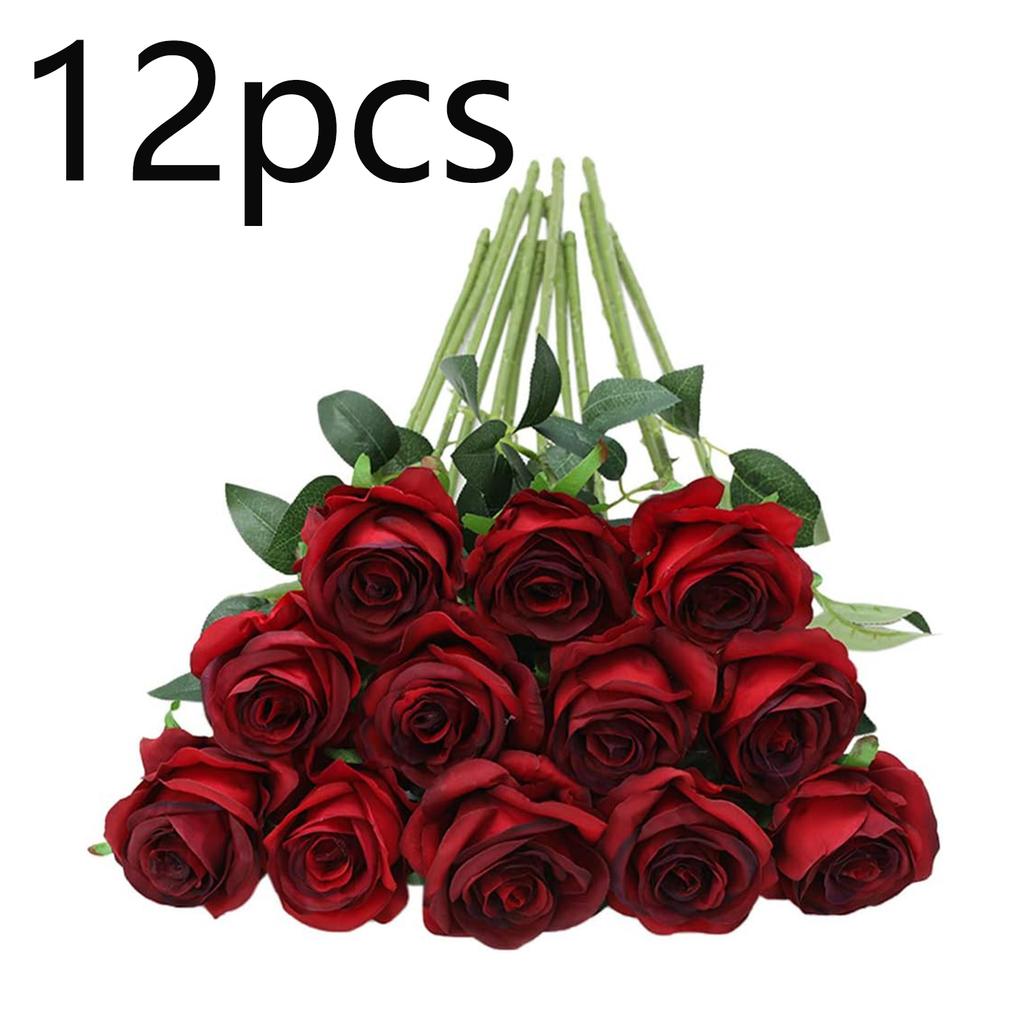 12/24pcs Artificial Simulated Red Rose Realistic Flexible Stem Wedding Decoration Valentine's Day Gift Fake Flower