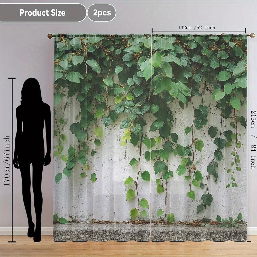 Green Ivy Vine Sheer Curtains Set of 2 Rod Pocket Realistic Leaf Print for Living Room Bedroom Decor