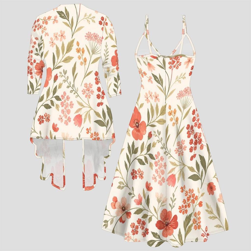 Women Plus Size Two Piece Outfit Long Sleeve Open Front Jacket Cami Maxi Dress
