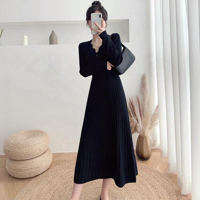 Wave V-neck Breasted Knitted Dress Women's Autumn and Winter New Medium and Long Waist and Thin Bottom Sweater Skirt