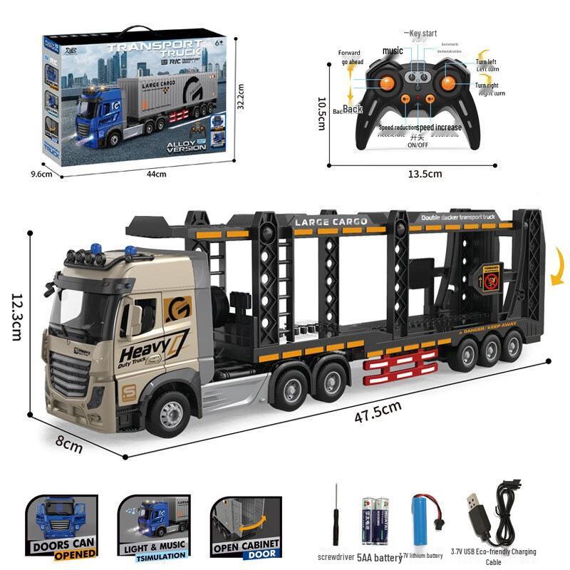Remote Control Children's Alloy Truck with Music: Double-decker Transport, Openable Doors, Container, Oil Tank, Freight Toy.