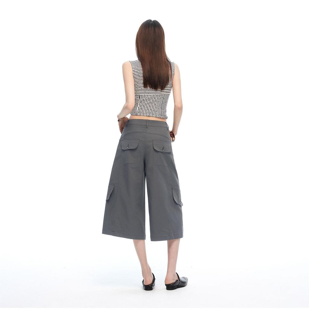 Fashion Summer Washed Drawstring Multi Pocket Cargo Cropped Capri Casual Pants For Women Trendy Versatile Loose Straight Slimming Street Outfit