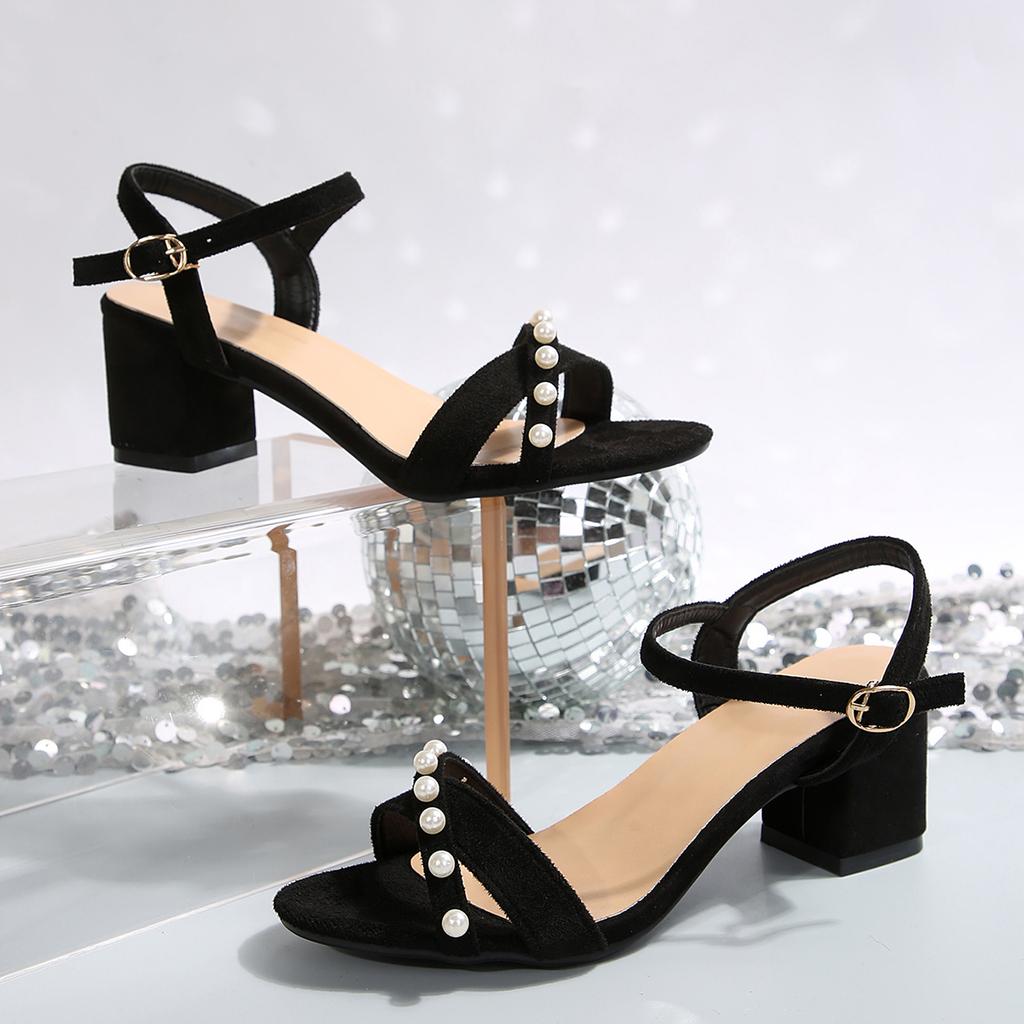 Dámské sandály na vysokém podpatku Letní elegantní perlové robustní podpatky Dámské boty Elegantní pohodlné černé lodičky pro ženy Velikost 35-43