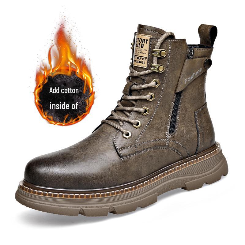 Men's Trendy Genuine Leather Martin Boots: Mid-Cut, All-Match High-Top with Velvet Lining for Autumn and Winter