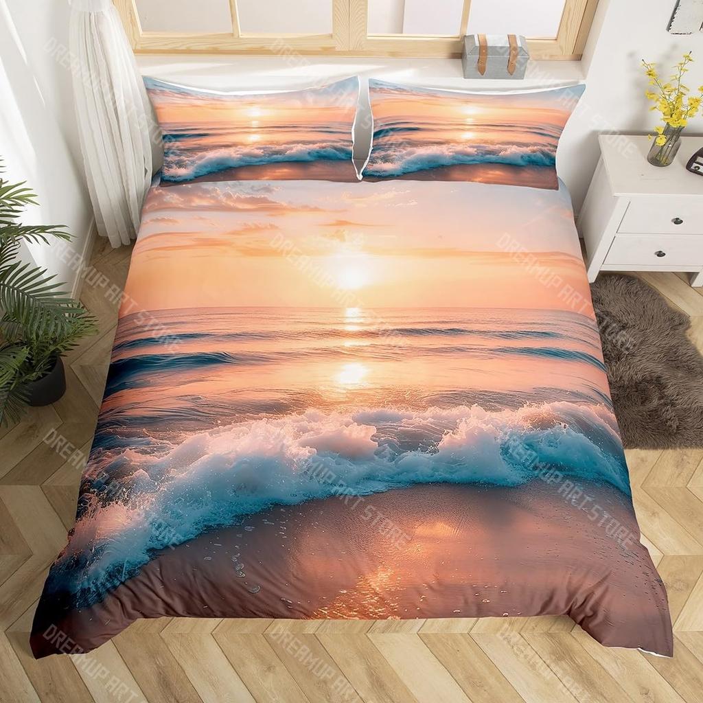 Bettwäsche-Set mit Strandthema King Queen Größe Ozeanwelle Sonnenuntergang Bettbezug Küsten-Nautik-Bettdeckenbezug Meereslandschaft Bettdeckenbezug