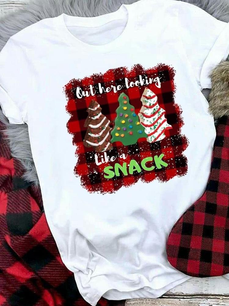 (Asian Size) Plaid Tree Style Cute Merry Christmas Tee Top Festival   New Year Holiday Casual  Lady Short Sleeve Fashion Women Print Graphic T-shirts