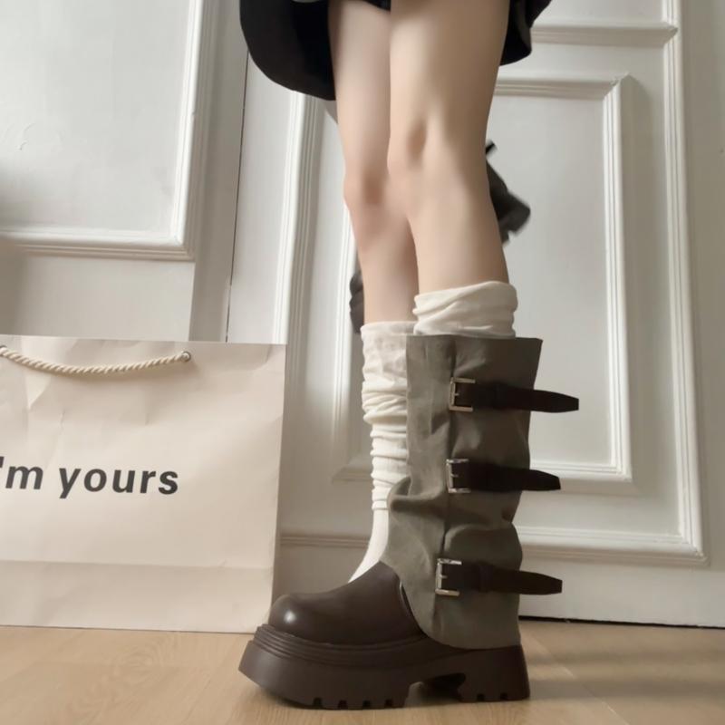 Fashion Winter Fashion Platform Heels Women Knight Boots Fashion Belt Buckle Slip On Shoes Ladies Elegant Mid Calf Booties