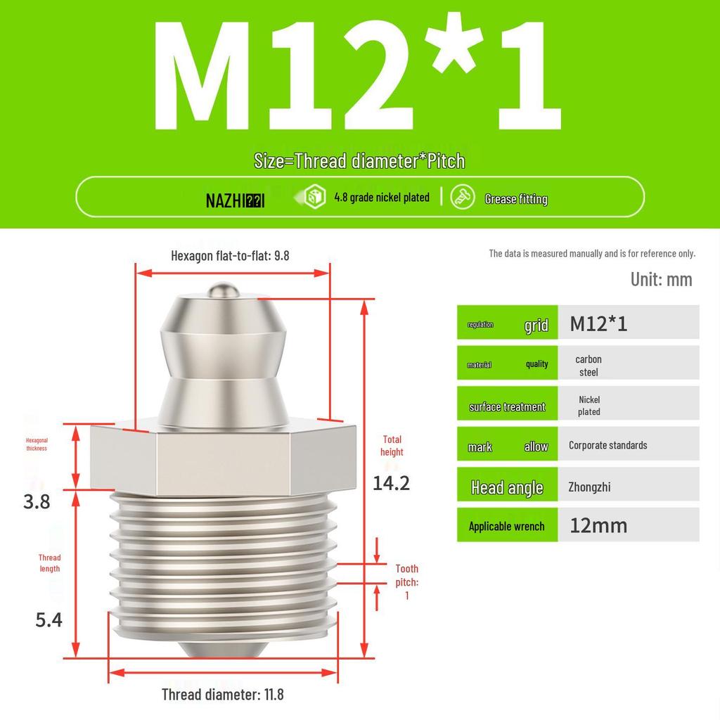 Nickel-Plated Iron Bent Grease Nipple Grease Gun Head M6-M14 G1/8
