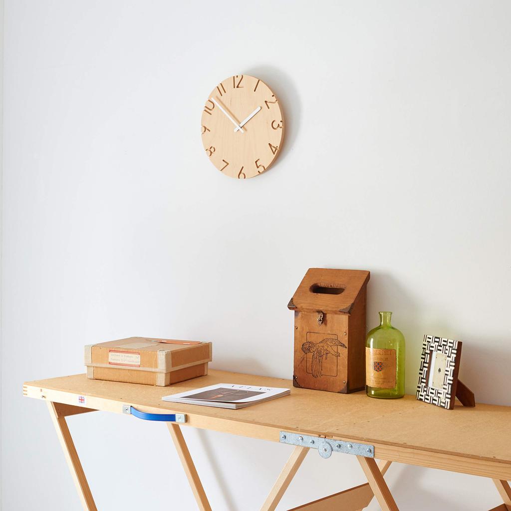 Lemnos Carved Wood Birch Analog Wall Clock, Natural Wood Color, NTL16-05, Diameter 30.5cm X Depth 4.2cm